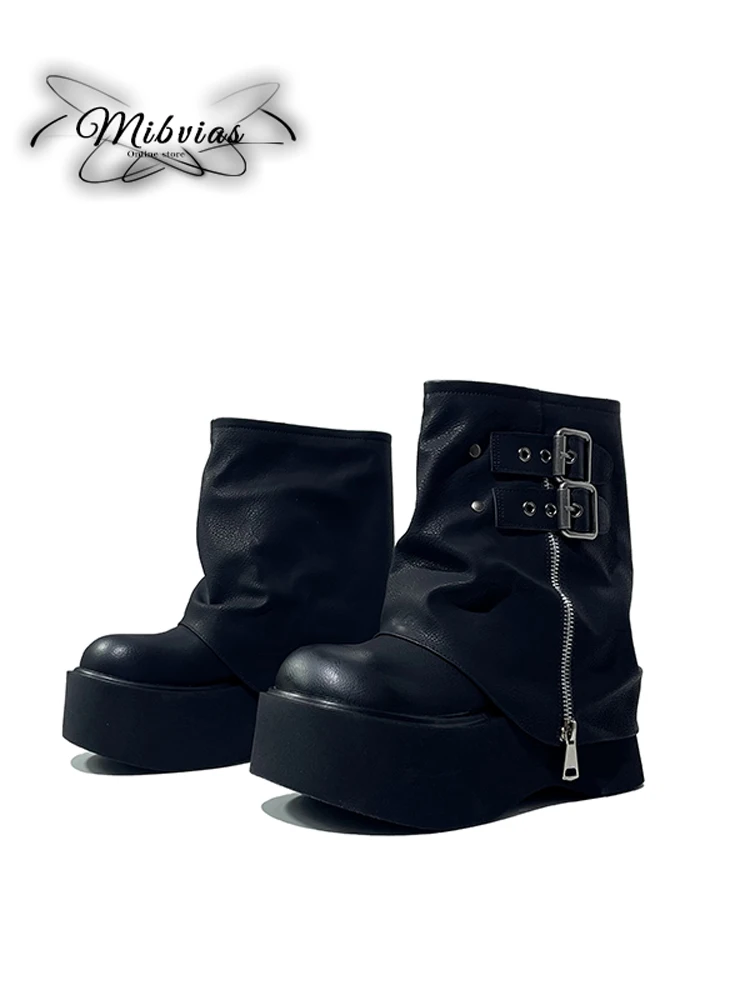 

Mibvias Women's Fashion Boots Big Head Cuff Short Boots Retro Style Spicy Girl High Heel Zipper Closure round Toe Leather Boots