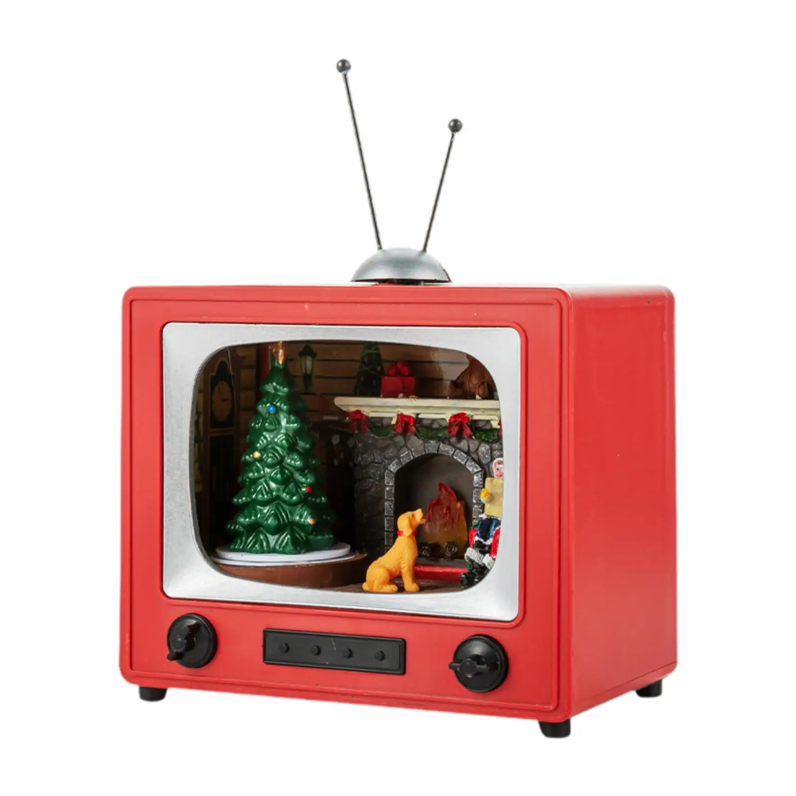 TV Shaped Christmas Desktop Ornament Retro Design Music Box with Santa Claus for Home Living Room Tabletop Decoration