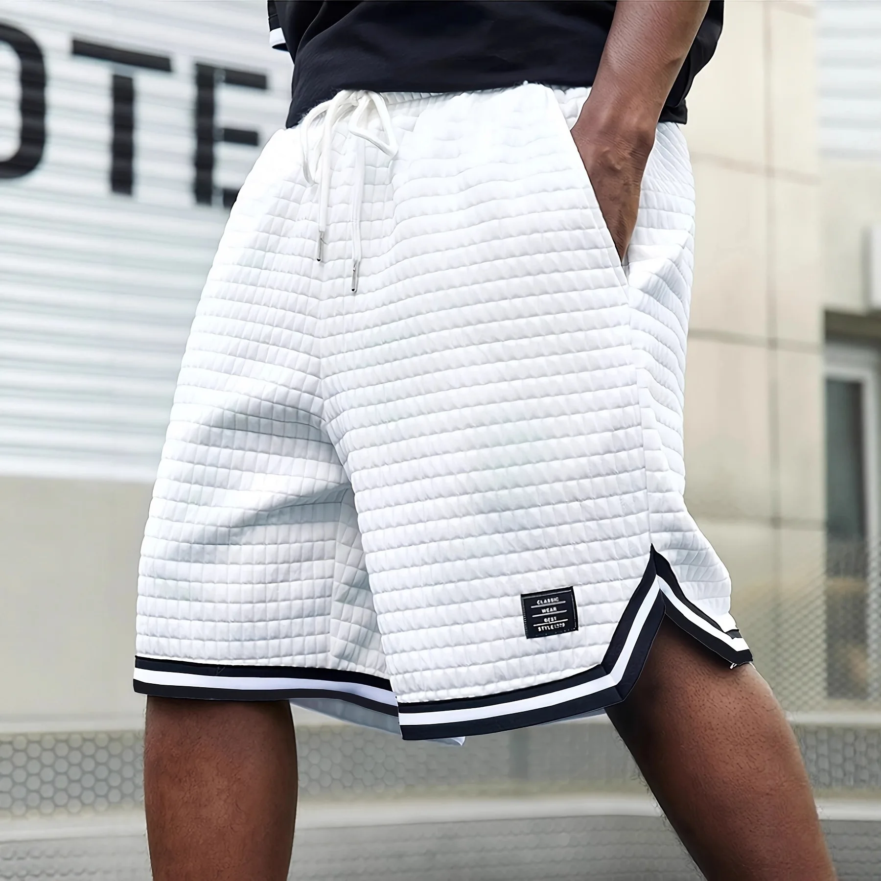 

Men's Striped Jacquard Casual Shorts Summer Solid Color Cool Bottoms Running Gym Fitness Jogging Sportswear Men Sport Short Pant