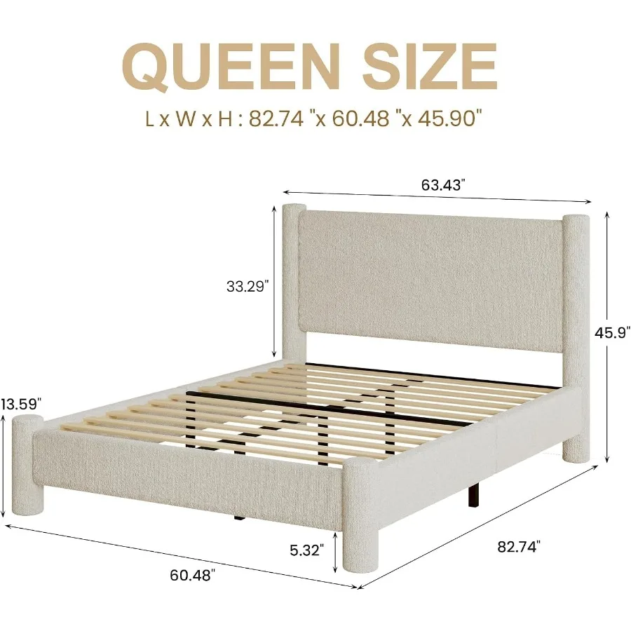 Cloud Bed Frame, Boucle Upholstered Platform Bed for Modern Bedrooms Soft Beige Fabric, No Box Spring Needed, Low Profile Desig