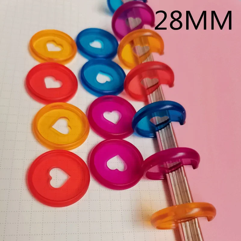 Anel de encadernação de plástico com fivela em forma de coração, Buraco Cogumelo, Folhas soltas Notepad, Color Love Plate, Peach Heart Button, 100PCs, 28mm