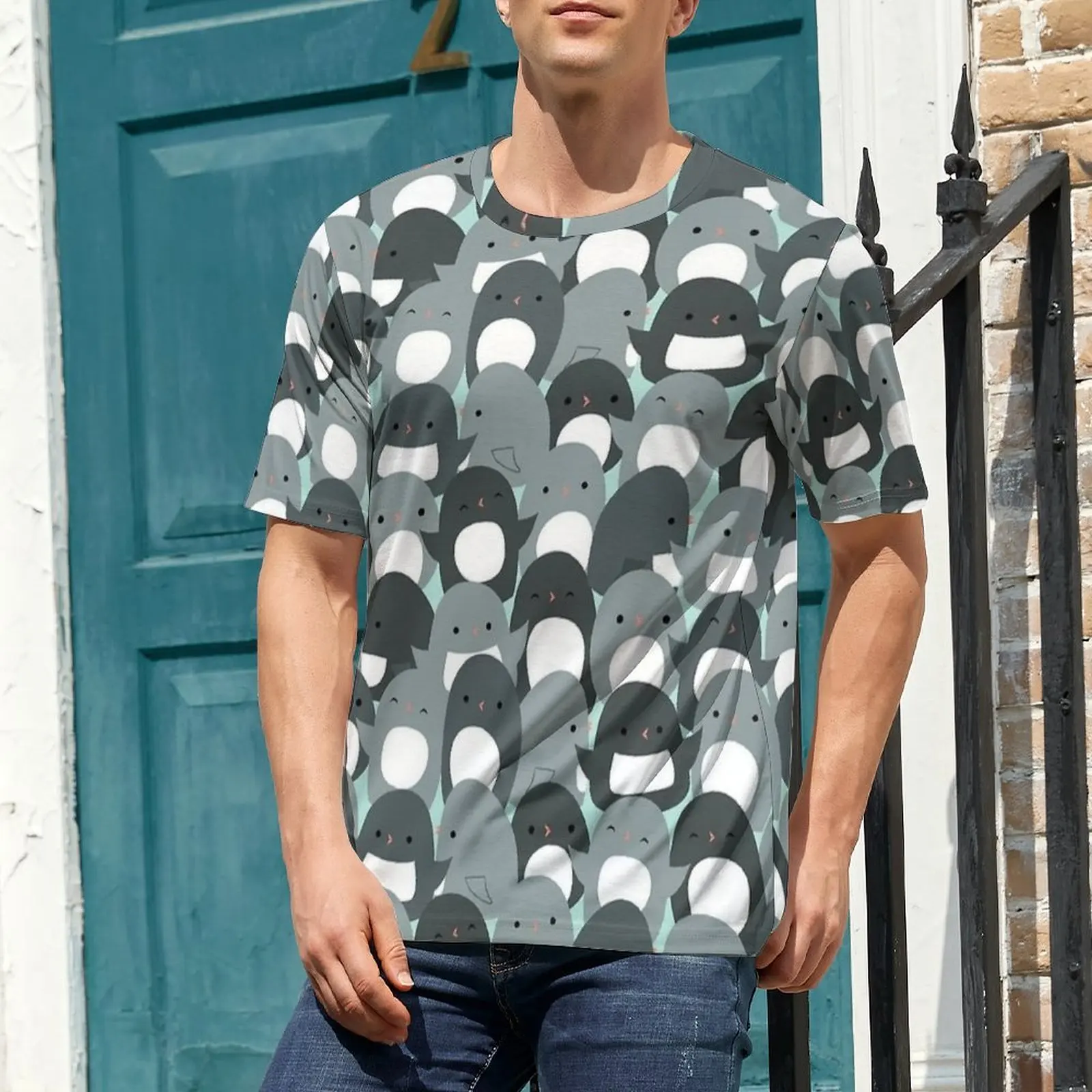 Cute Penguin Crowd Print T Shirt  Novelty T-Shirts Mens Casual Tee Shirt Summer Short Sleeve Graphic Tops Large Size