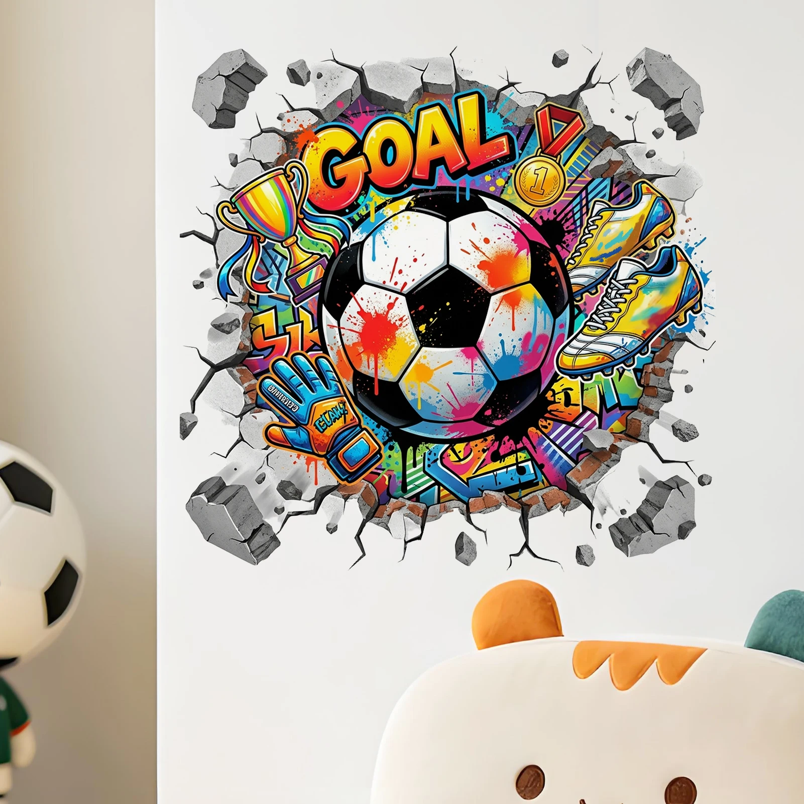 Autocollants Muraux de Football Graffiti, Décalcomanies Murales de Football Effet Mur Brisé, Décoration Amovible Thème Sportif pour la Maison