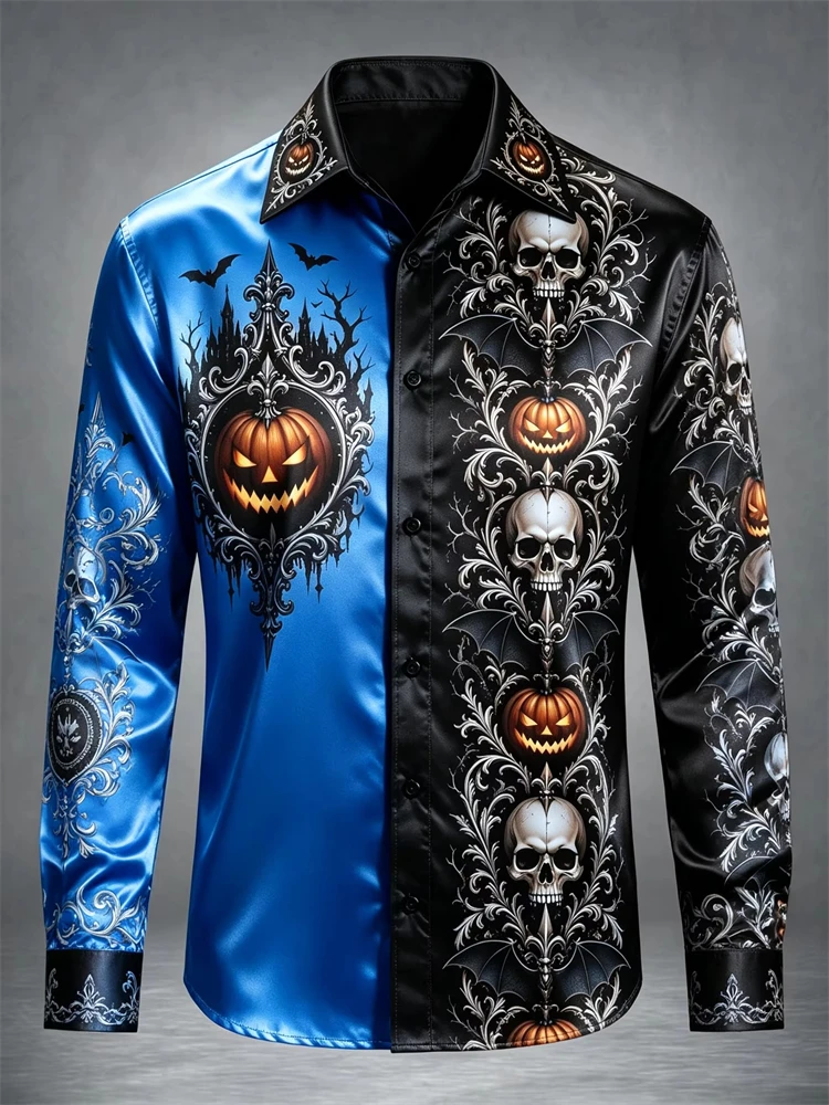 Men's Autumn Halloween Long-Sleeve Shirt Vintage Pumpkin Skull Print Button-Down Loose Comfortable Festive Party-Themed Top