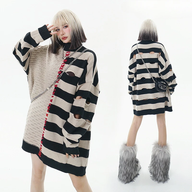 American High Street Contrasting Texture Checkered Semi High Neck Hollowed out Sweater