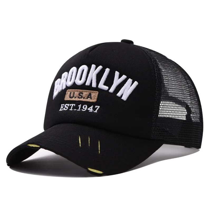 قبعة بيسبول مطرزة من بروكلين - قبعة شبكية قطنية للرجال، قبعة شمس عصرية مرقعة قابلة للتعديل، قبعة شمس عصرية للاستخدام الخارجي