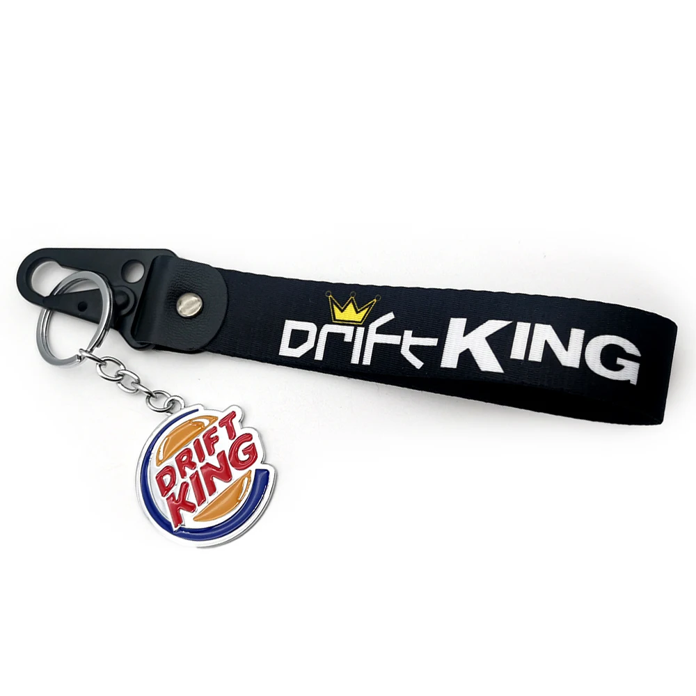 JDM 3D Double Sided Metal Car Keychain Nylon Gift Lanyard Keyring Auto Key Steel Spring Clip Key Starp Key Pendant Drift King