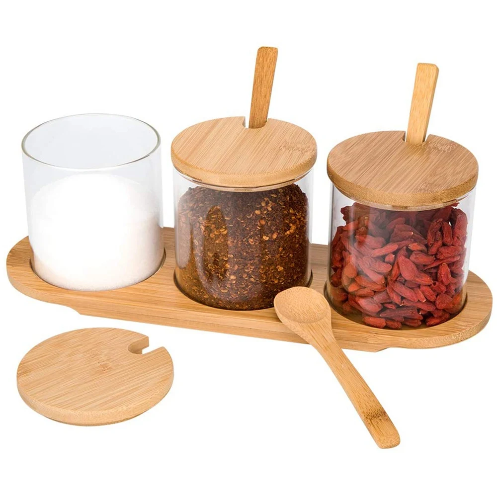 Condiment Containers with Lids, 3 Pack Seasoning Containers with Lidsand Spoons, Spice Containers with Bamboo Tray Glass