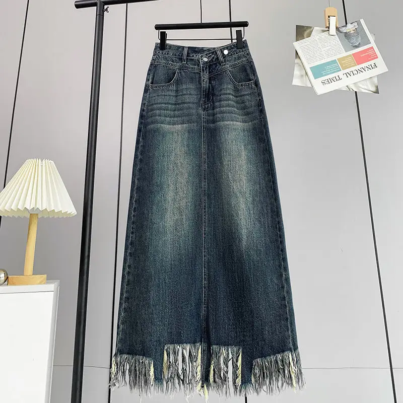 

Large size denim fringed A-shaped skirt medium and long over knee high waist student thin and fat women's clothing