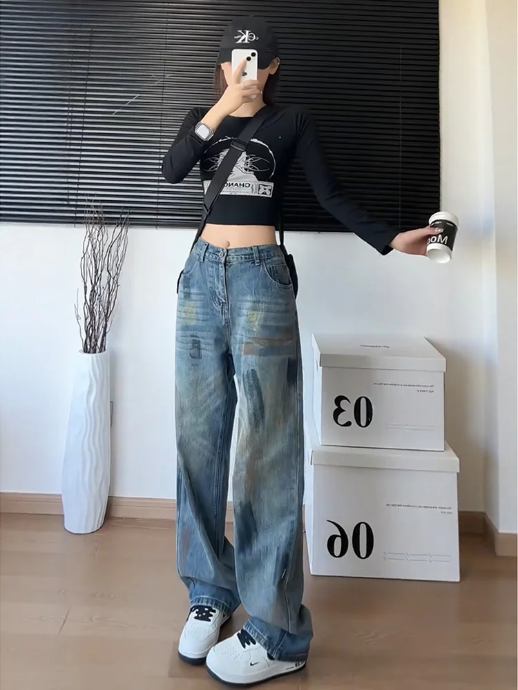 

Американские ретро-джинсы унисекс с эффектом потертости, широкие прямые брюки, осенний дизайн, повседневная одежда