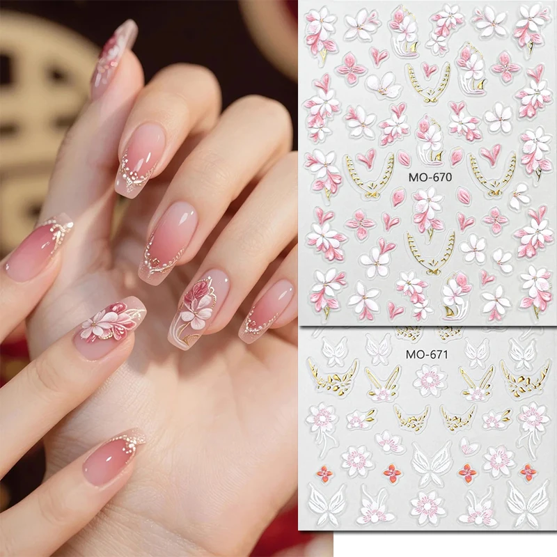 3pcs 5d Embossed Nail Art Decals Embroidered Pink Red Flowers For Wedding Stickers For Nails Art Manicures Tips Decorated