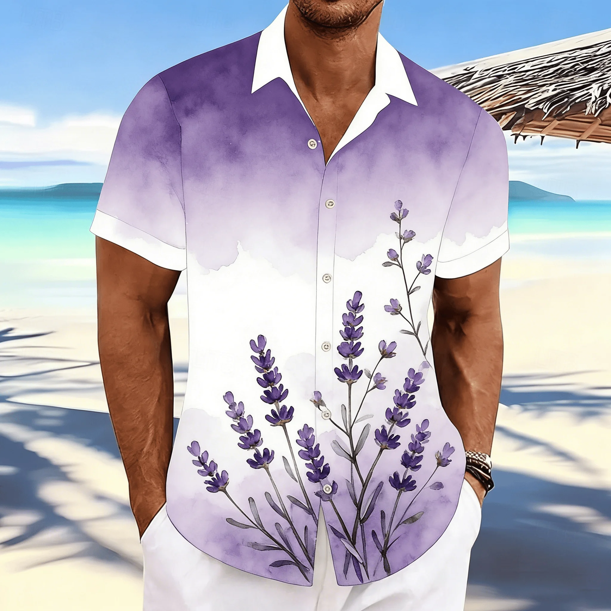 Men's Sunflower & Wheat Print Short Sleeve Shirt, Orange Yellow Gradient Watercolor Design Button Down for Spring Summer
