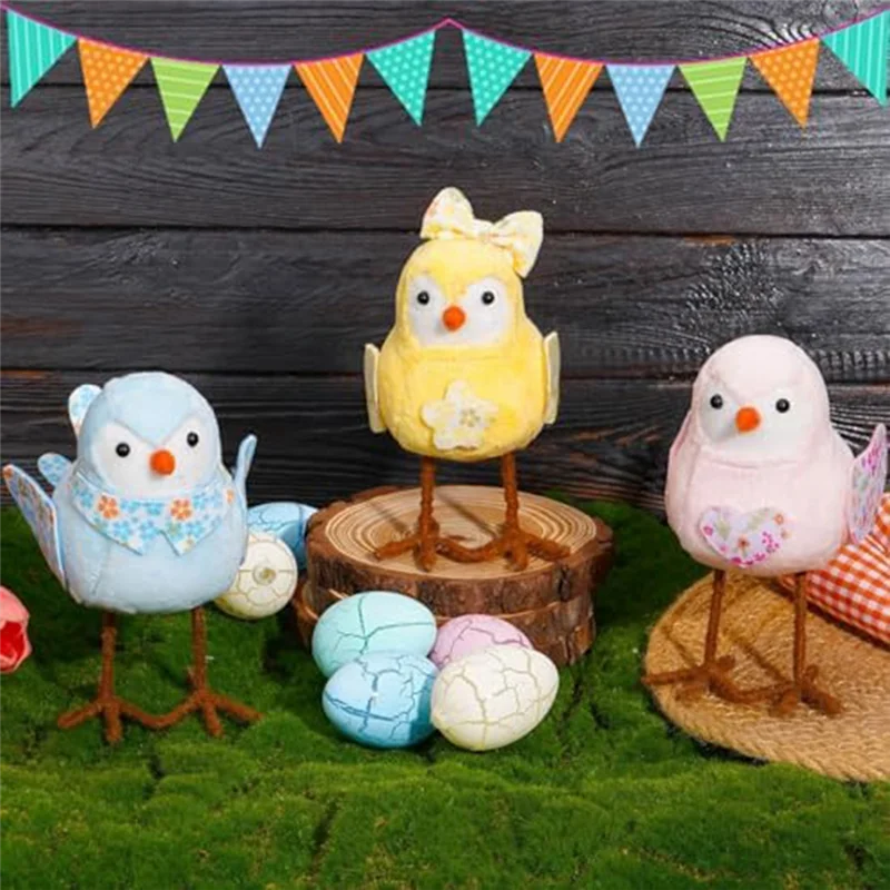Easter Decorations Easter Bird Ornaments With Long Leg & Printed Scarf And Bow For Table Yellow