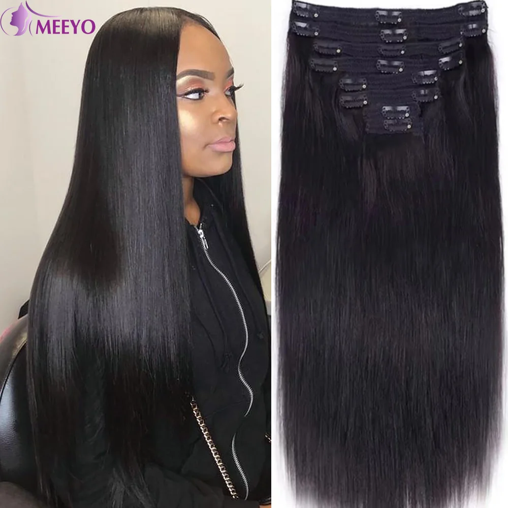 

Clip In Human Hair Extensions Straight 120g/Set Full Head Brazilian 100% Human Hair Natural Black Color Clip in Extensions 8Pcs