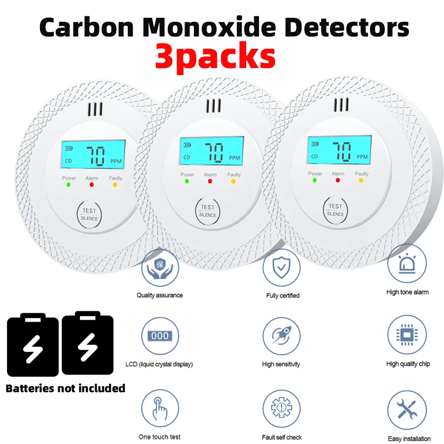 3packs Carbon Monoxide Detector Alarm, CO Detector with Digital LCD Display, Replaceable Battery Carbon Monoxide Detectors for H