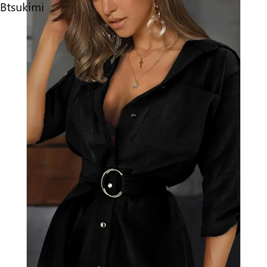 2025 Women's Summer Lace Up Cardigan Rolled Up Sleeve Shirt Dress Oversize Button Down Shirt Dress OL Style Women T Shirts Dress