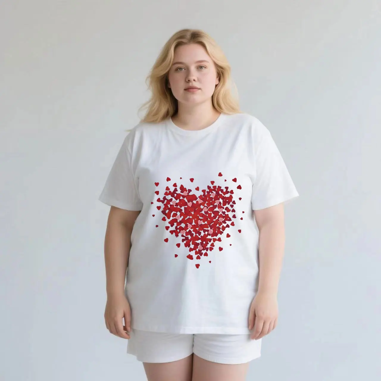 

Red multi heart print plus size Ladies' casual short sleeved T-shirt