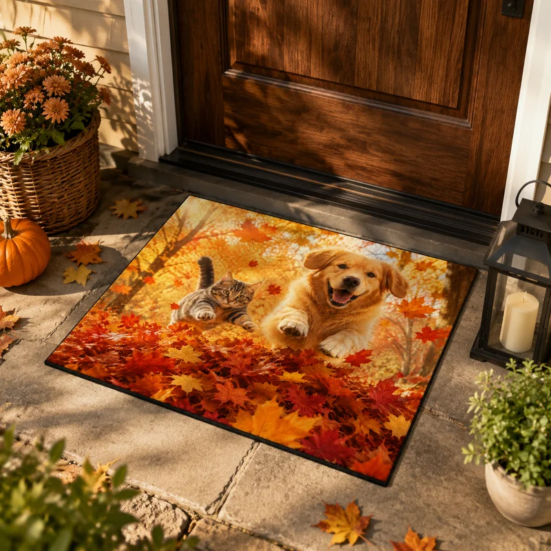 VIKAMA Autumn Red Maple Golden Retriever Welcome Floor Mat Golden Autumn Forest Fallen Leaves Cute Pet Printed Door Mat