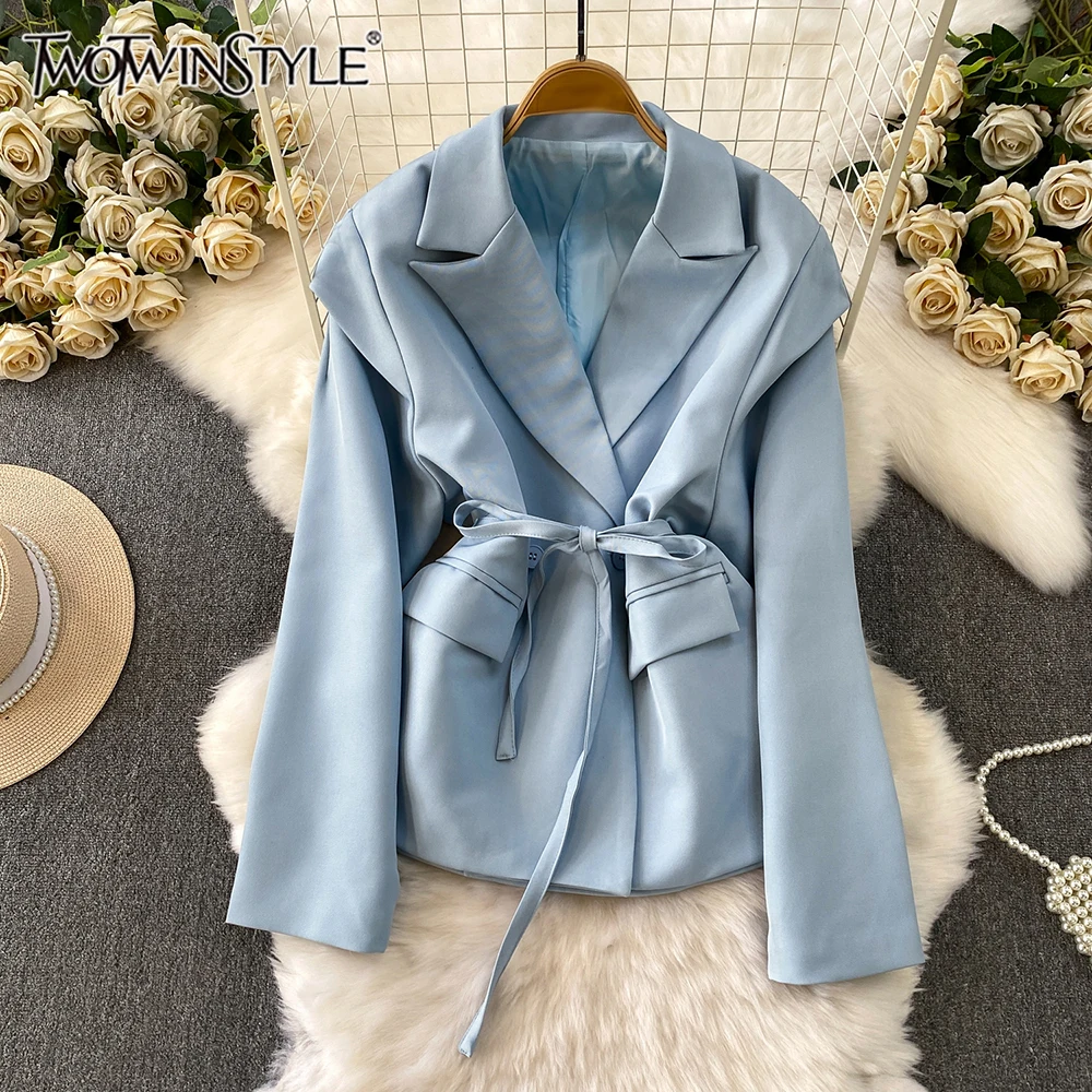 

TWOTWINSTYLE, однотонные пиджаки для путешествий и профессионалов, элегантные женские куртки с лацканами и длинными рукавами, с карманами, новинка KJA549867