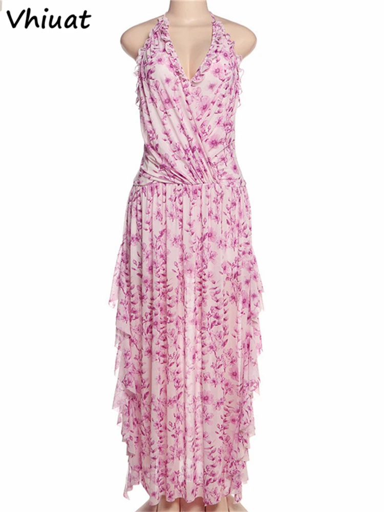 Vhiuat malha floral impressão sem mangas halter magro maxi vestido feminino elegante festa de férias noite verão vestidos longos 2025