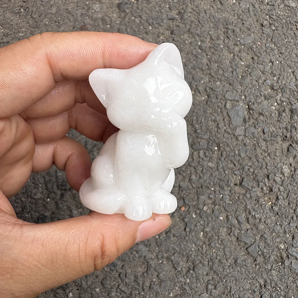 Custom 6cm White Jade Cat Crystal Carving - Handcrafted Healing Gemstone Kitty Figurine for Home Decor