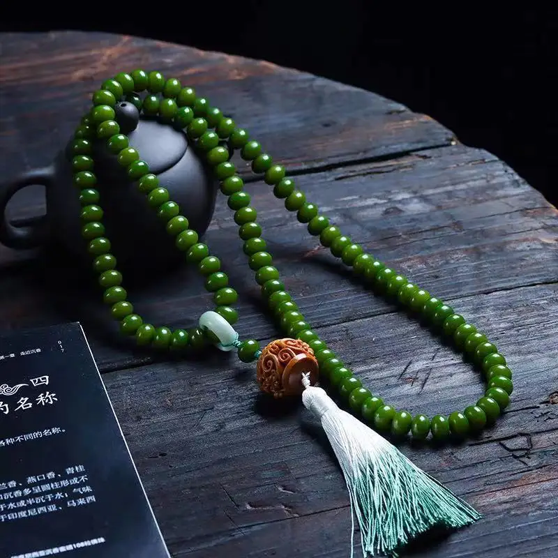 Spring Green Bodhi Root 108 Beads Multi Wrap Bracelet with Running Ring Unisex Prayer Bead Necklace Gifts