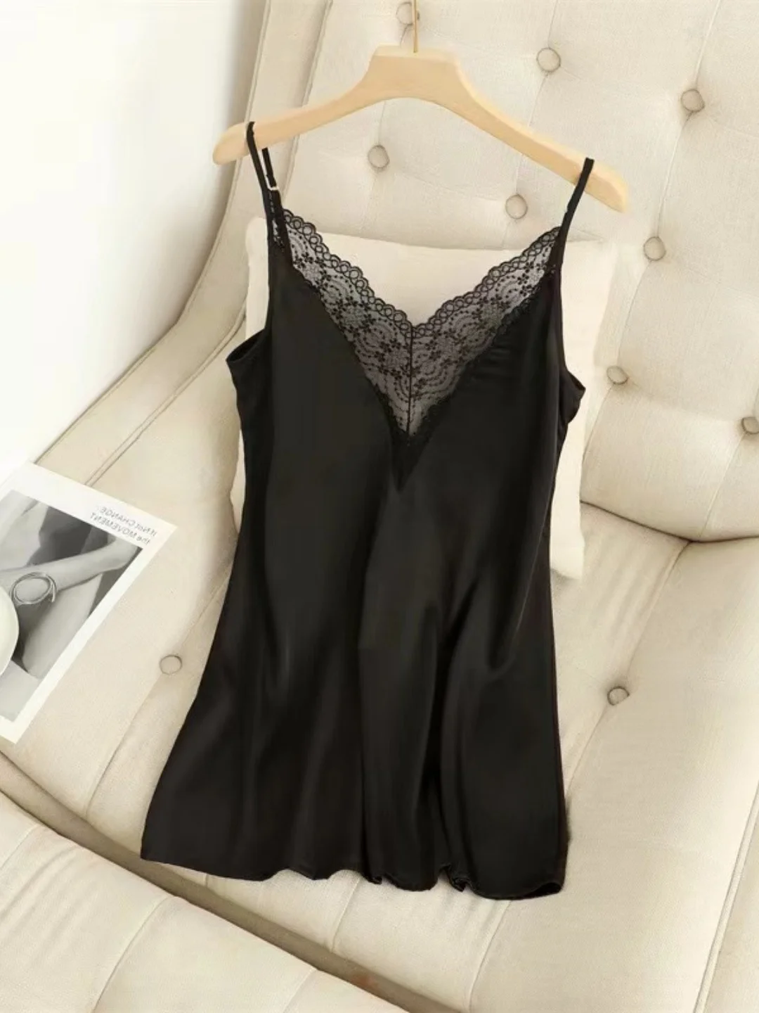 Sexy Large Size V-Neck Lace See-through Chemise Nightgown Summer Ice Silk Thin Home Clothes Strap Sleepwear Mid-Length