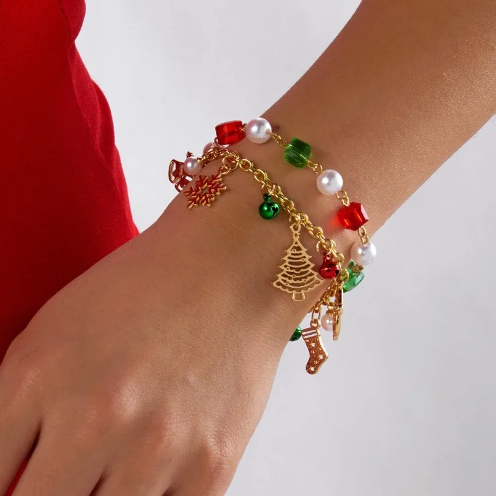 Red Green Christmas Beaded Bracelet Faux Pearls Elastic Cord Snowflake Tree Charm Crystal Multi Layer Crystal Xmas Bangle