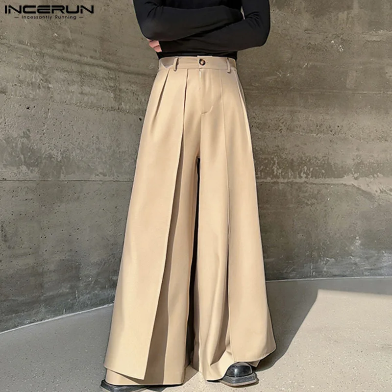 INCERUN 2024 Korean Style Trousers Stylish Men Fake Two piece Wide Leg Pant Casual Personality Loose Solid Skirt Pantalons S-5XL