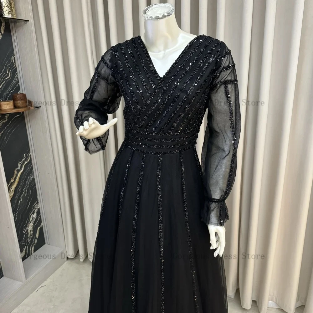 Elegant A-Line Evening Dresses V Neck Long Sleeves Prom Gowns Sequined Pearls Ankle Length Tulle Party Dress 2024 فساتين السهرة