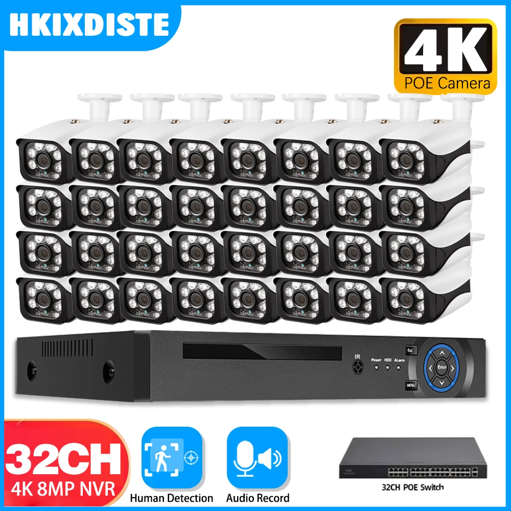 32CH HD 4K 8MP NVR With Audio Cctv System Outdoor IP66 Waterproof 8.0MP Bullet Human Detection Video Surveillance Camera Set P2P