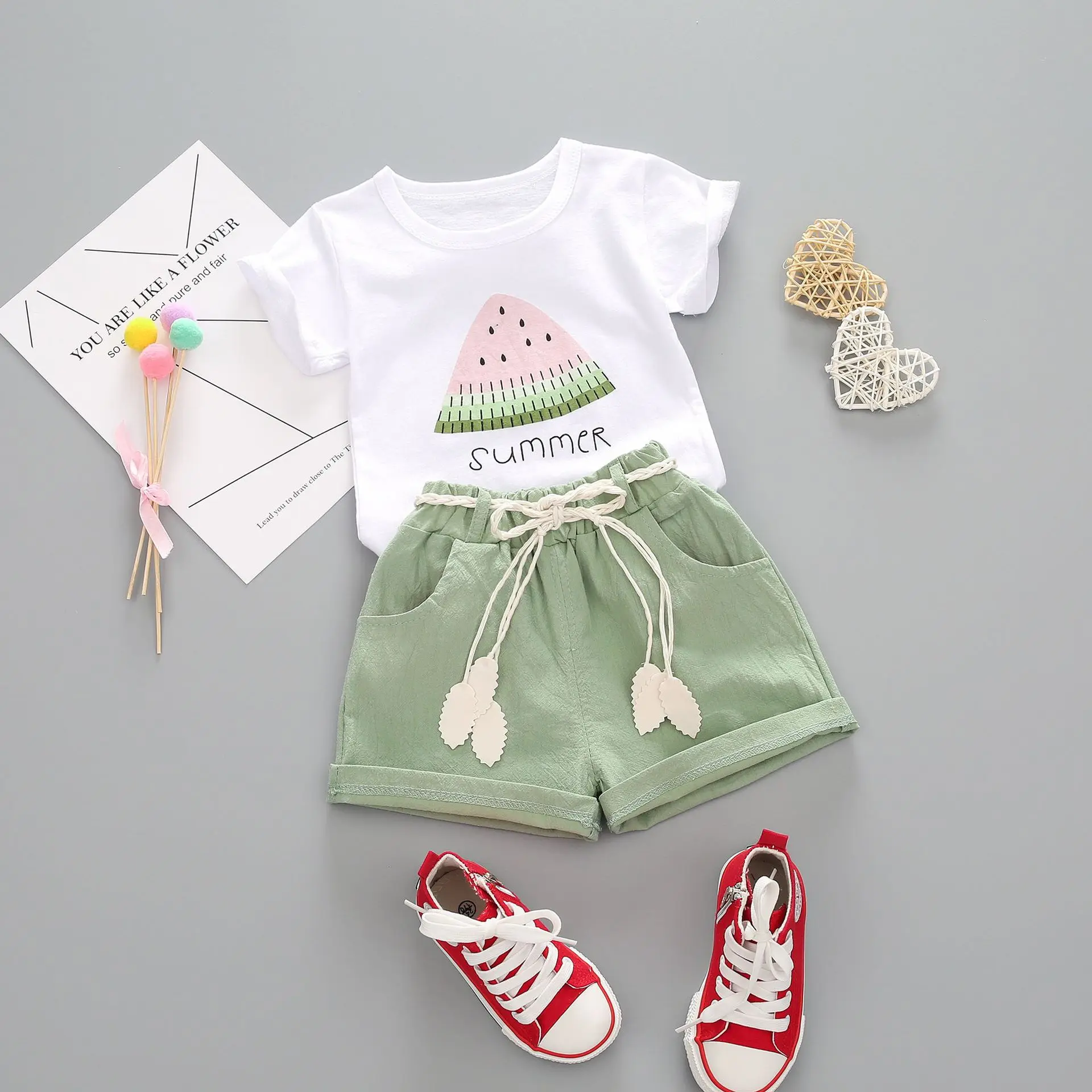 

Baby girl clothes 0-4 years old summer cotton suit girls casual clothes watermelon print short-sleeved shorts two-piece suit