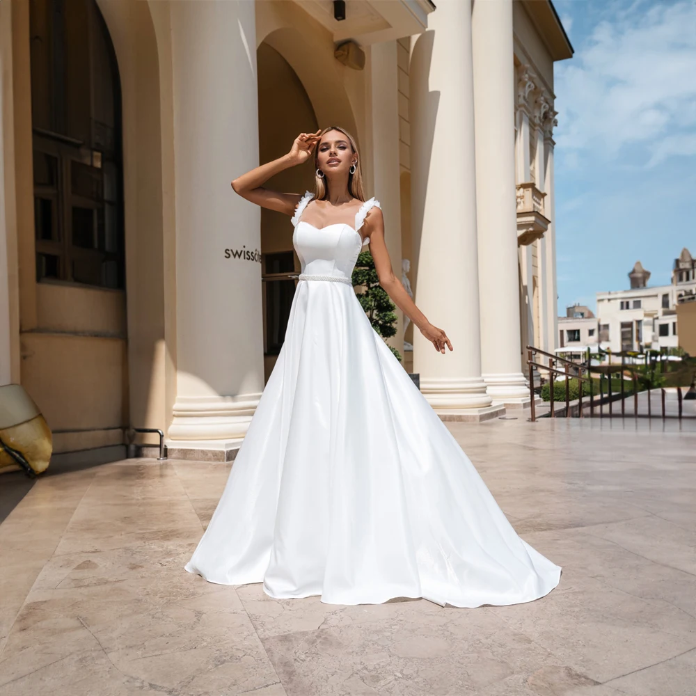 Vestido de novia con tirantes finos y cinturón de satén para mujer, corte en A, espalda transparente, 2024