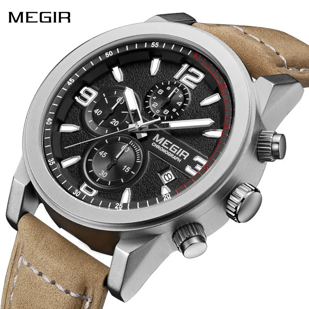 MEGIR Men's Sports Chronograph Wristwatch Fashion Waterproof Luminous Date Quartz Watches Leather Auto Date Clock Reloj Hombre