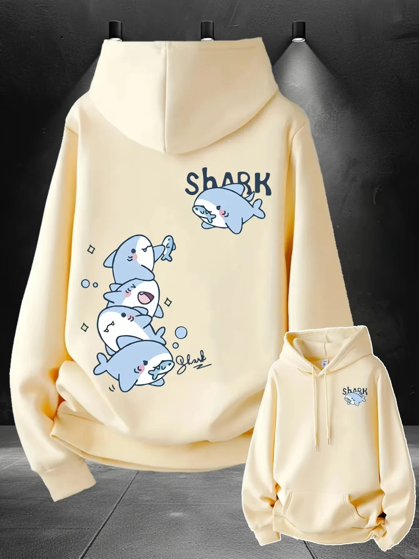 2026 New Men's Cute Stacked Cartoon Shark Pattern Print Loose Casual Hoodie for Spring, Autumn and Winter