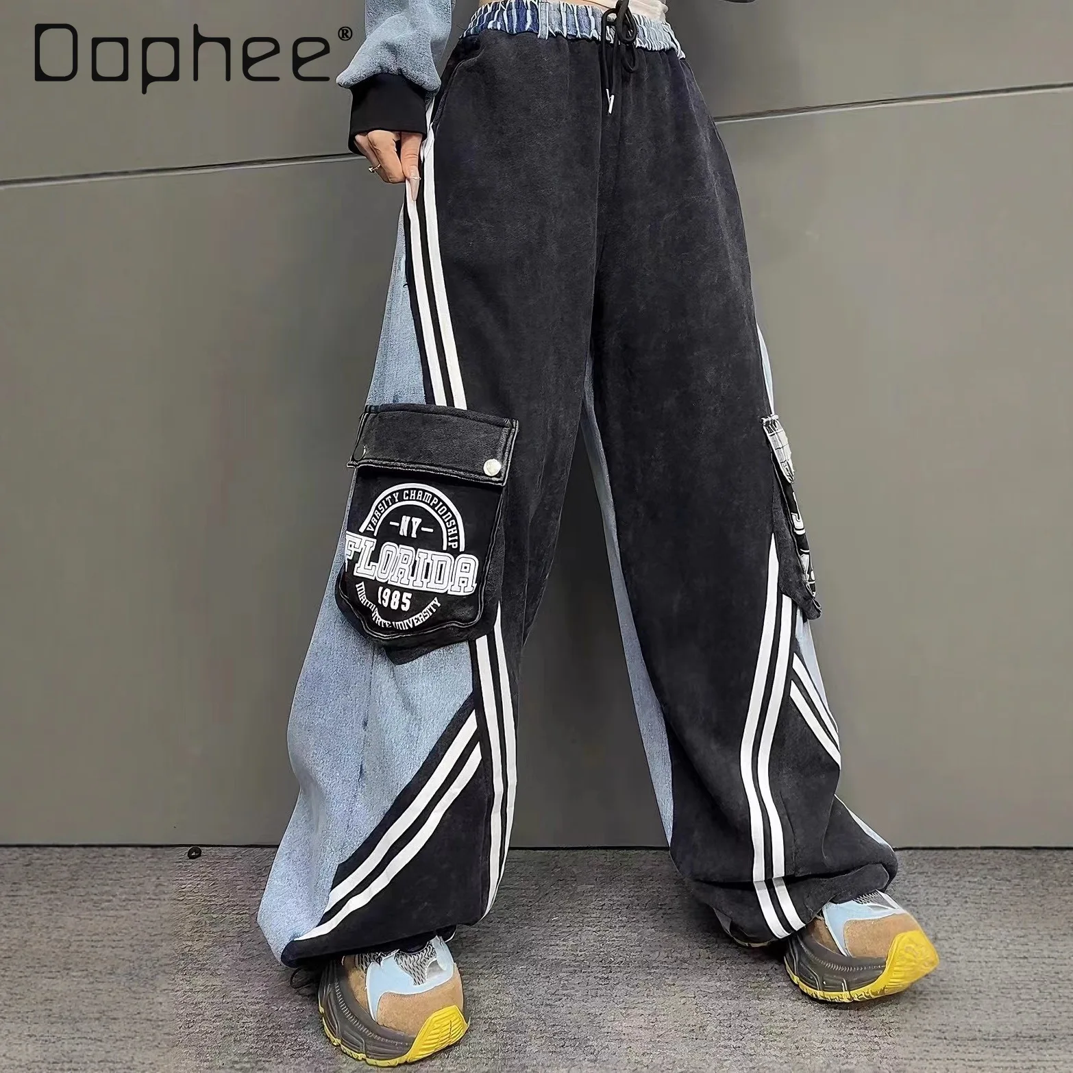 النمط الأوروبي المرأة الجينز 2025 الخريف الشتاء جديد شخصية الدنيم المرقعة غسلها القطن إلكتروني طباعة جيب السراويل الطويلة #1