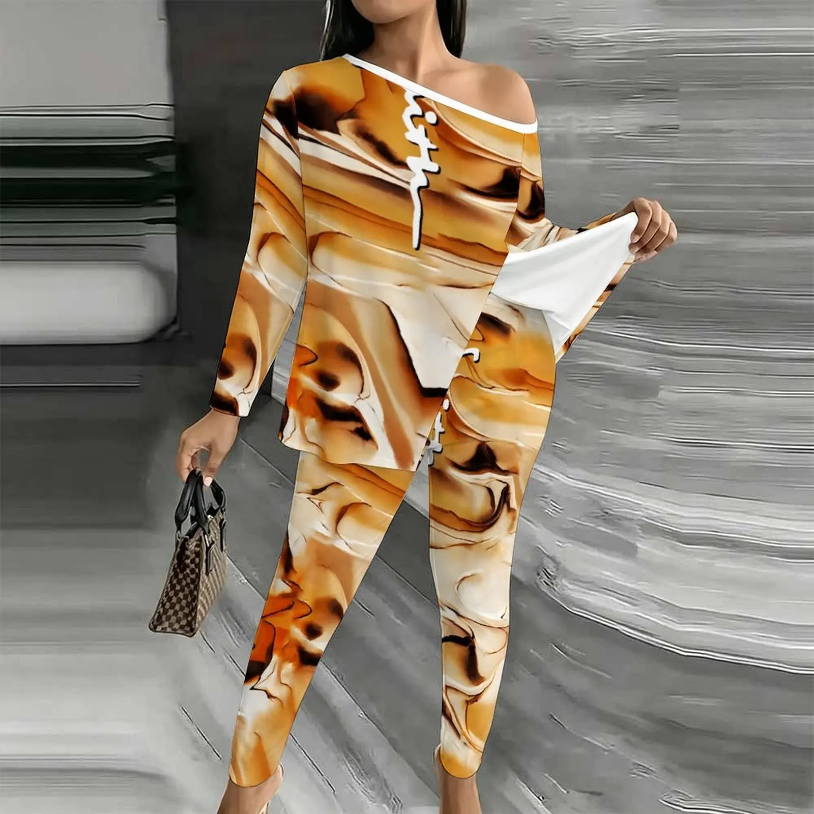 Off Shoulder T-shirt Autumn Elegant Two-piece Set Fashion Printed Jogging Pants  Winter Women's Diagonal Collar Long Sleeved