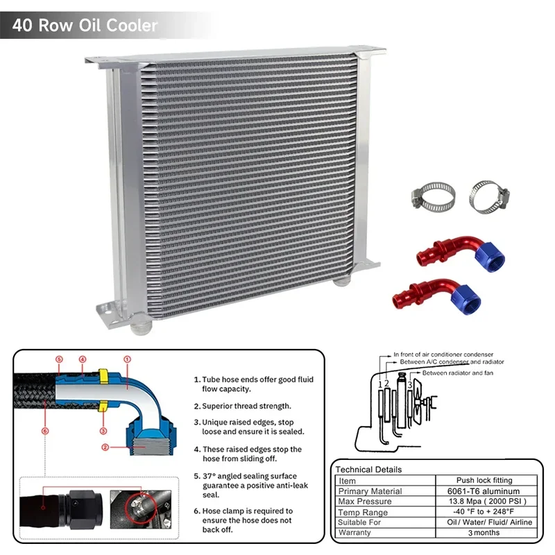 

Oil Cooler AN10 Universal Aluminum 40 Row 90° 2PCS Fittings Kit 248MM 7/8"-14 UNF Engine Transmission MOCAL Racing Silver