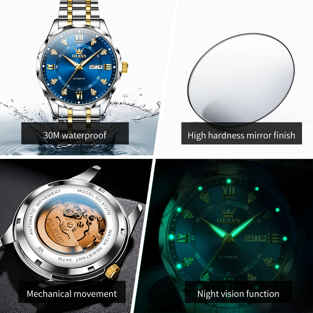OLEVS 6727 Herenhorloge Automatisch mechanisch horloge Multifunctioneel Datum Week Maan Zakelijk horloge voor heren Waterdichte lichtgevende doos