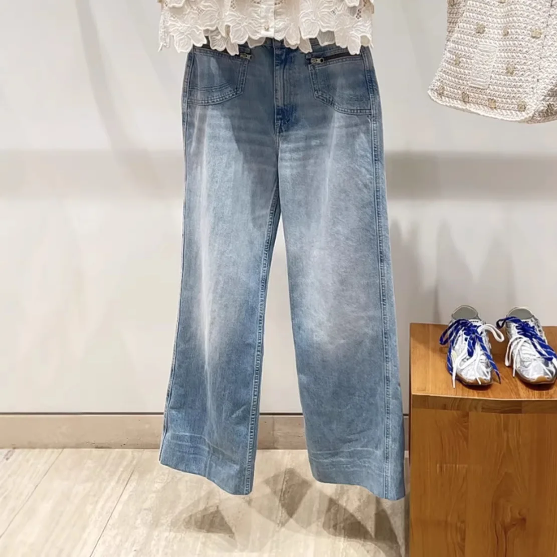 

Spring/Fall Women Vintage Washed High Waist Narrow Wide Leg Solid Jeans Zipper Pocket Loose Straight Casual Fashion Denim Pants