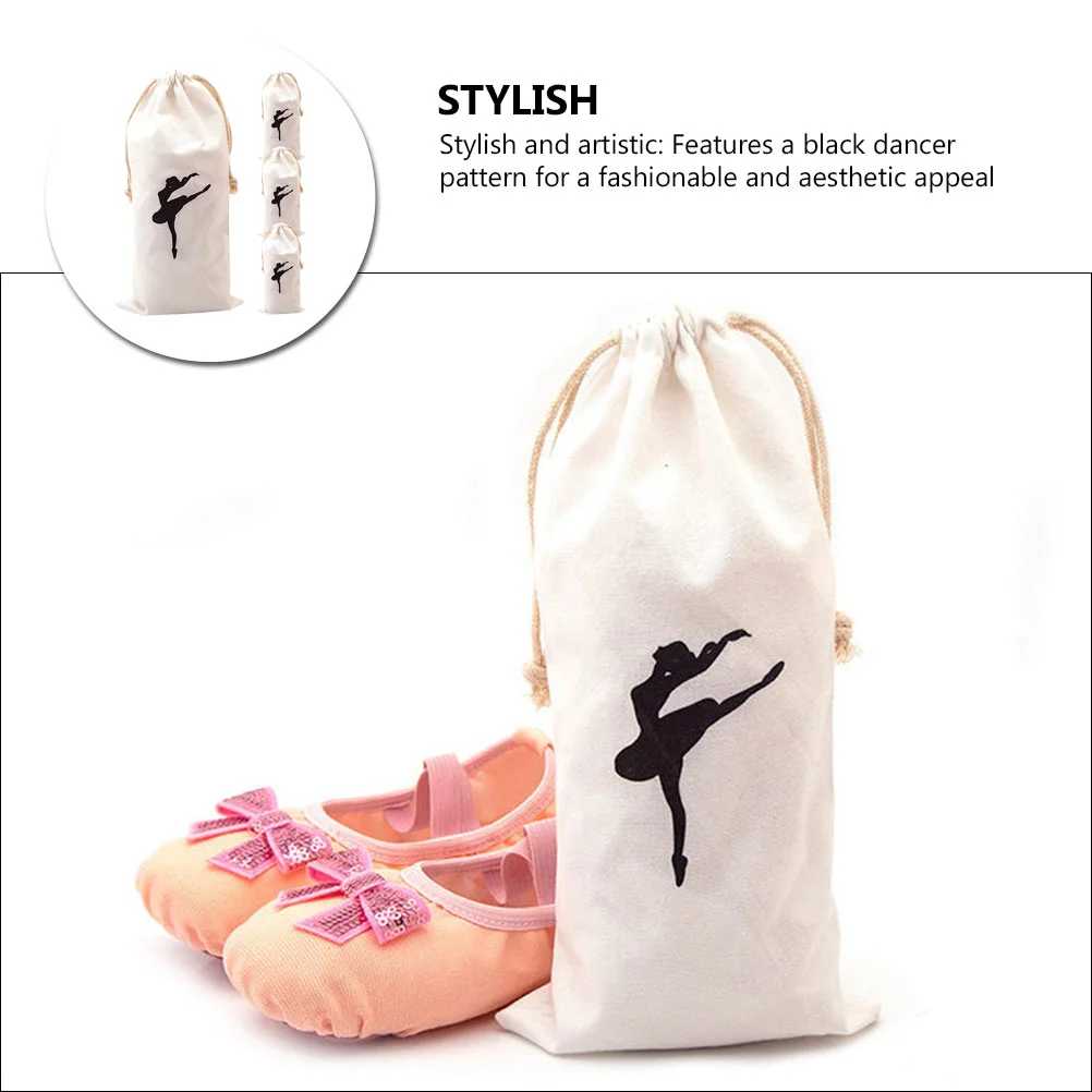 4 Pcs Canvas Drawstring Ballet Pointe Shoes Storage Bag Dance Accessories Slippers Black Dancer Pattern Multi Functional