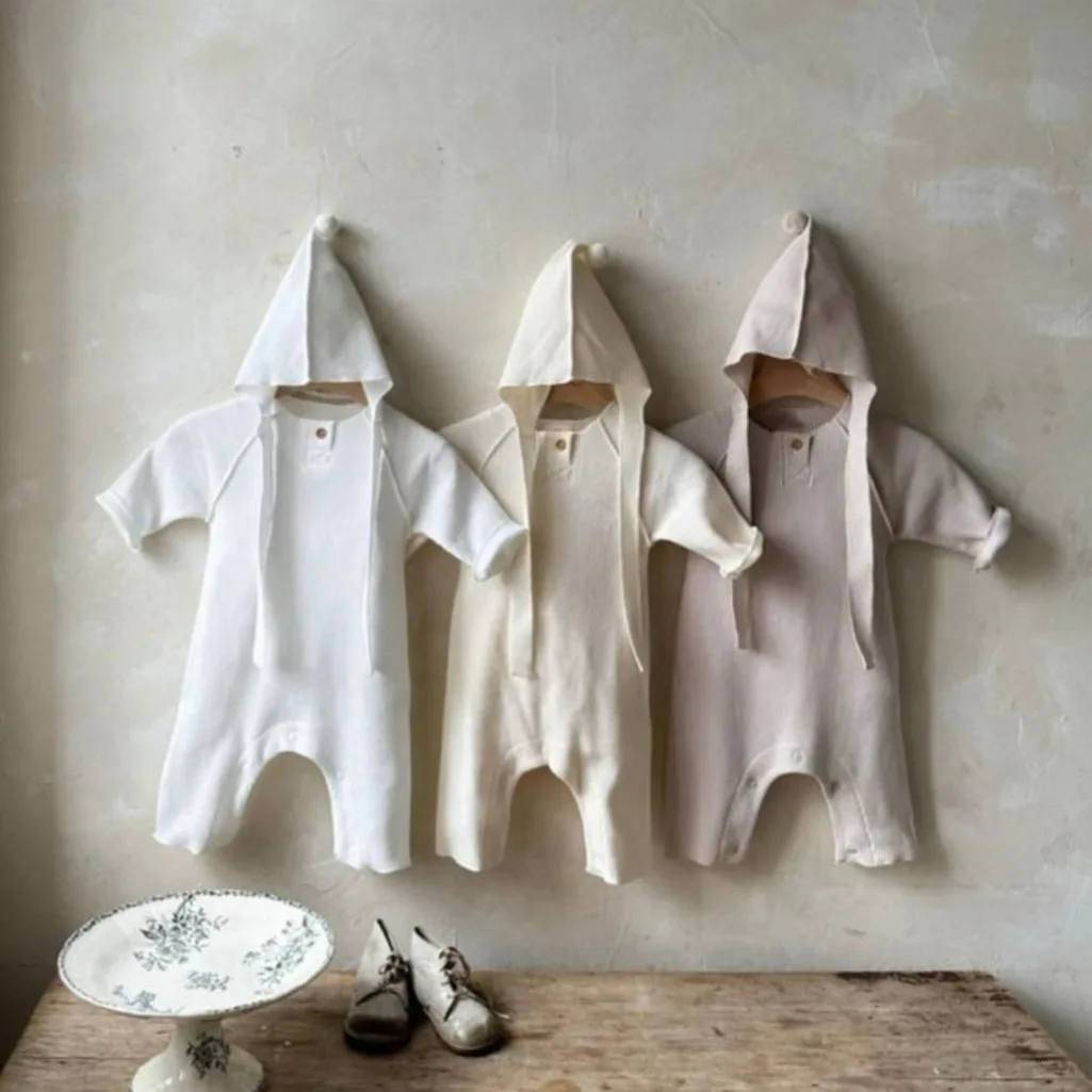 2026 Autumn New Baby Long Sleeve Bodysuit + Hat Infant Boy Girl Solid Waffle Jumpsuit Newborn Toddler Clothes 0-24M