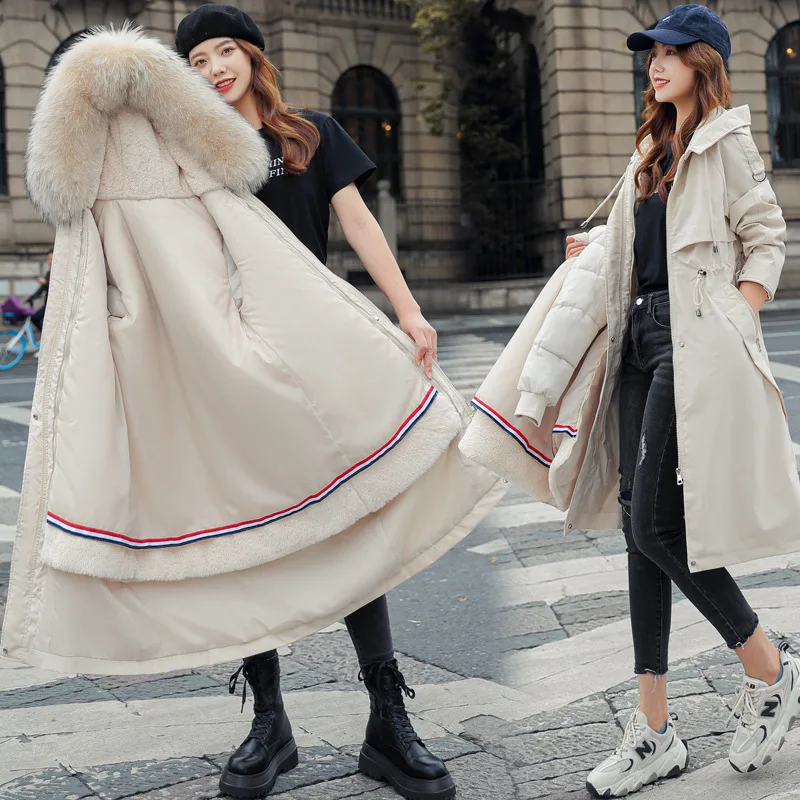 Women Hooded Parkas Coats Long Jackets Solid Detachable Big Fur Lenth Collar Zipper Drawstring Slim Fit Thick Casual 2025 Winter