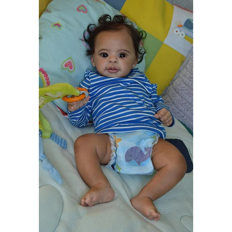 

55cm 22inch Doll Anthony Implanted curly hair Soft body with Dark Brown Skin Doll Lifelike really Baby Christmas Gift