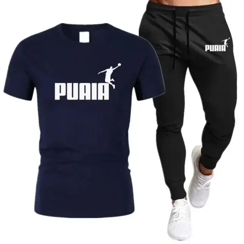 

New summer men's pure cotton short-sleeved T-shirt sportswear set: Jogging men's short-sleeved pullover + pants 2 sets