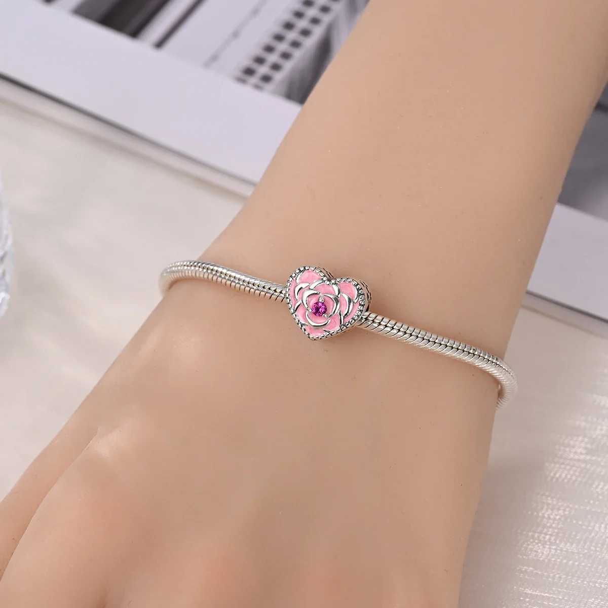925 Sterling Silver Valentine\'s Day Pink Rose Charms Heart Beads Fit Original Bracelet Diy Anniversary Jewelry for Women