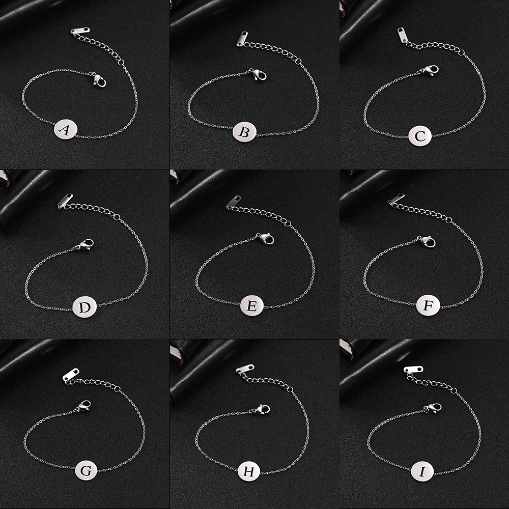 Hollow Alphabet A-Z Round Pendant Bracelets Stainless Steel Bracelets for Men Women Trend Jewelry for Party Gift (17+5CM)