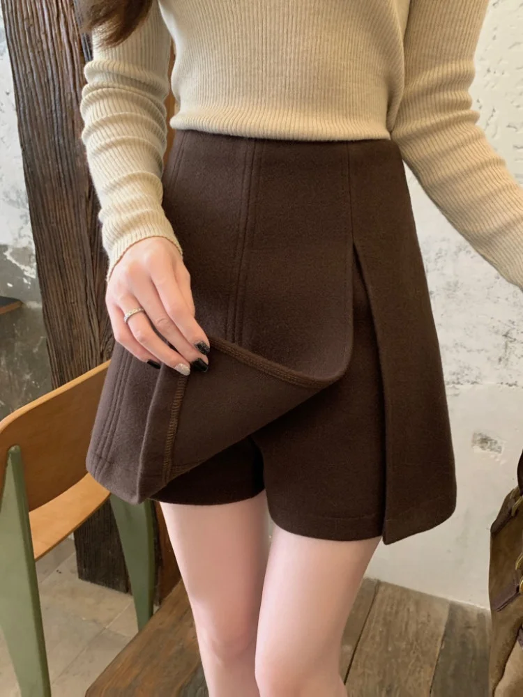 

Юбка-брюки с высокой талией, А-силуэт, женская, стройнящая, универсальная, с эффектом люкс, шерстяная, с боковым разрезом, средней длины, с защитой от просвечивания