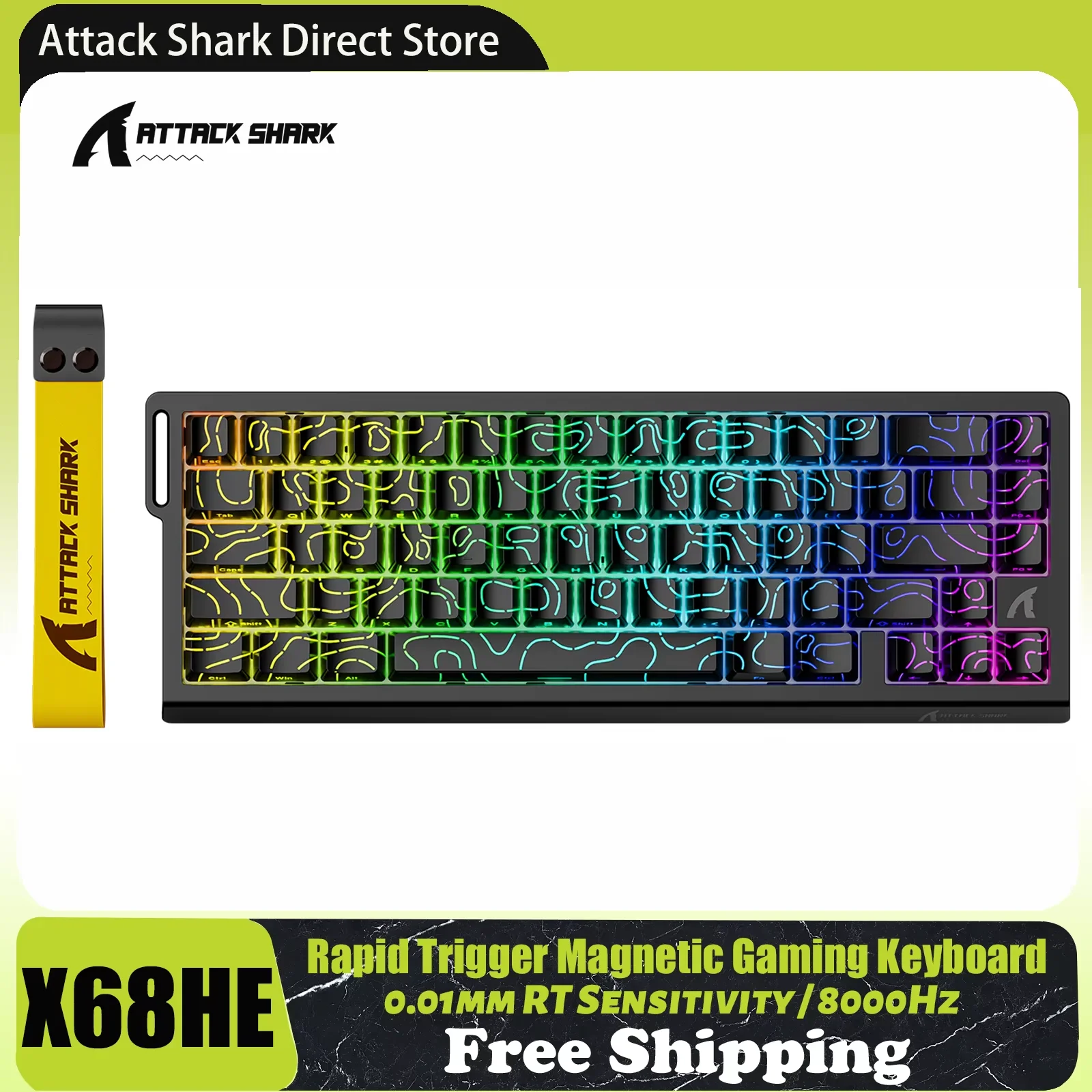 لوحة مفاتيح مغناطيسية ATTACK SHARK X68 HE Rapid Trigger 8 كيلو هرتز، دقة 0.01 مم RT، تخطيط 60%، RGB، تدعم صنبور RT/Snap/DKS/MT/TGL