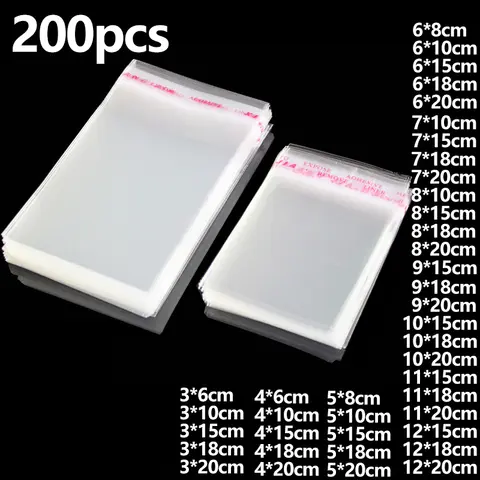 200pcs Transparent Cellophane Bags Sweet Snack Packaging Plastic Pouch Jewelry Gift Small OPP Self-adhesive Dustproof Bag